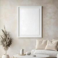 Photorealistic mock-up of a white picture frame in a modern livingroom with a classic scandinavian design. White with a matte finish and an off-white textured background inside the frame. photo