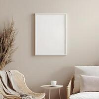 Photorealistic mock-up of a white picture frame in a modern livingroom with a classic scandi design. White with a matte finish and an off-white textured background inside the frame. photo
