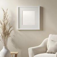 Photorealistic mock-up of a white picture frame in a cozy modern livingroom with a classic scandinavian design. White with a matte finish and an off-white textured background inside the frame. photo