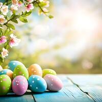 Colorful Easter eggs with polka dots are arranged on a blue wooden surface, surrounded by blooming branches with pink and white flowers, creating a vibrant and festive spring scene. photo