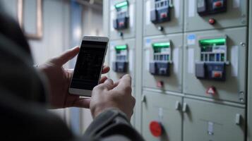 hand holding a smartphone displaying an electrical wiring application in front of an electrical panel box photo
