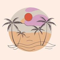 Hand-Drawn Circular Beach Scene with Palm Trees in Monochrome vector