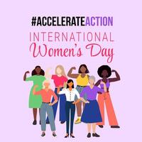A group of women are standing together on a pink background with the words Accelerate Action written above them vector