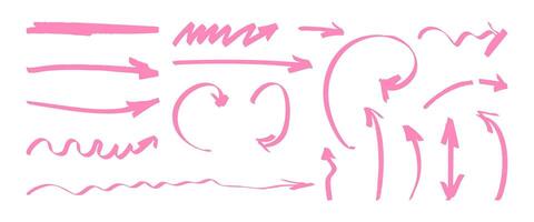 A set of pink arrows with varying thicknesses and styles. The arrows are scattered across the image, with some pointing upwards and others pointing downwards. Scene is playful and whimsical vector