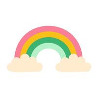 A rainbow with clouds in the background. The rainbow is bright and colorful, and the clouds are fluffy and white. Scene is cheerful and uplifting vector