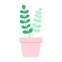A cartoonish plant in a pink pot. The plant is green and has leaves. The pot is pink and has a white rim vector