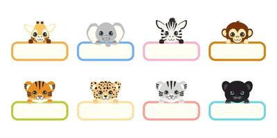 A group of cute animal faces, including a giraffe, elephant, zebra, monkey, tiger, and leopard. The faces are arranged in a row, with each one looking out from a white background vector
