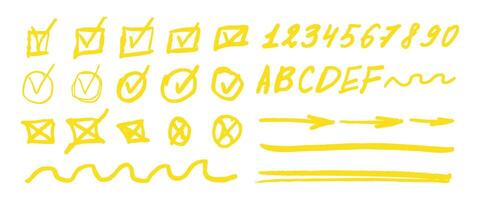 A set of yellow check marks, numbers, and letters. The check marks are in various sizes and shapes, and the numbers and letters are also in different sizes and shapes. Scene is playful and creative vector