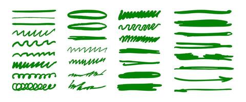 A set of green brush strokes that are used for drawing. The strokes are all different sizes and shapes, and they create a sense of movement and energy. The brush strokes are arranged in a row vector
