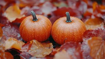Orange Pumpkins with Water Droplets on Autumn Leaves photo