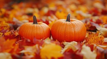 Pumpkins On Autumn Leaves Background photo
