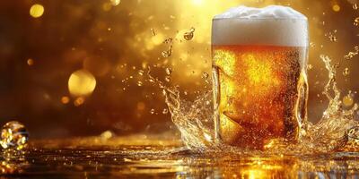 Toasting to joy with a glass of golden beer splashing against a shimmering backdrop photo