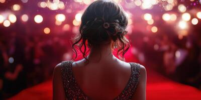 Glamorous woman in elegant dress gazes at glamorous event under bright lights photo