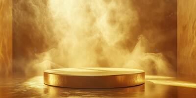 Golden stage illuminated by mist in an ethereal atmosphere during a theatrical performance at dusk photo