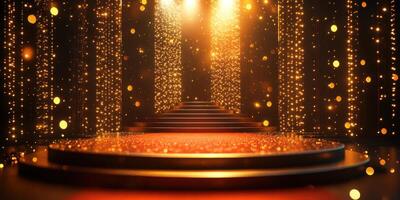 Glittering stage with golden lights and sparkling backdrop in a festive environment photo