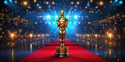 Golden award statue on red carpet surrounded by bright lights and a festive atmosphere at an annual awards ceremony photo