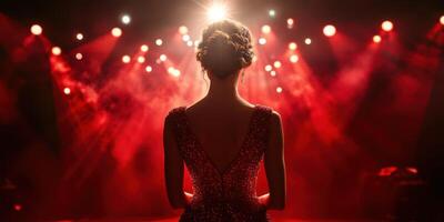 Performer stands ready on stage before a dramatic red lit backdrop during an energetic evening event photo