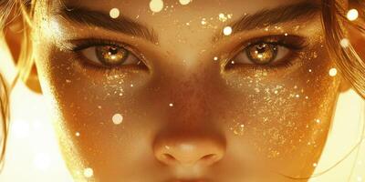 Stunning close-up of a person with golden glitter on their face against a warm backdrop photo