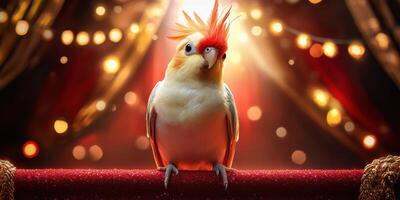 Colorful bird perched on a velvet stage with dramatic lighting in a theatrical setting photo