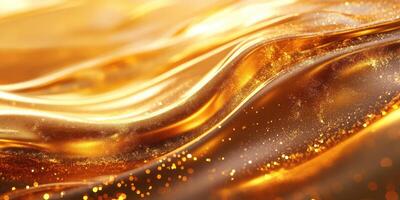 Golden waves flow gently under soft light, creating a shimmering effect in a tranquil, abstract landscape photo