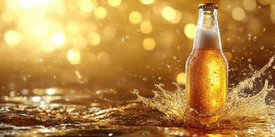 Golden beer bottle splashing in liquid with a sparkling background during a summer gathering photo