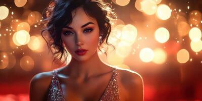 Woman in sparkling dress poses against a backdrop of softly glowing lights at an evening event photo