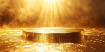 Golden circular platform illuminated by warm sunlight in a misty atmosphere, evoking a sense of mystery and tranquility photo