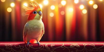 Colorful bird perched on a table with a festive background lighting during an evening event photo