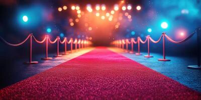 Red carpet entrance with illuminated backdrop and lined barriers in a festive atmosphere at night photo