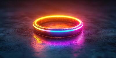 Colorful neon ring illuminated on a textured surface in a dark setting with reflections and glowing effects photo