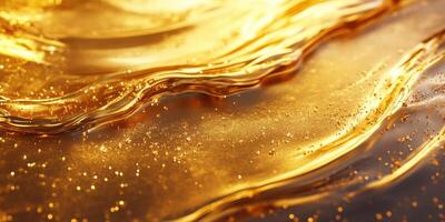 Golden liquid flows smoothly, showcasing shimmering textures under soft light in an artistic setting photo