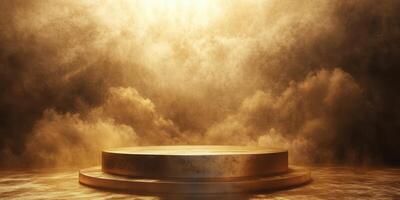 Golden platform surrounded by mist and clouds illuminated by bright light photo
