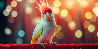 Brightly colored bird with striking feathers perched against a sparkling background in a cozy indoor setting photo