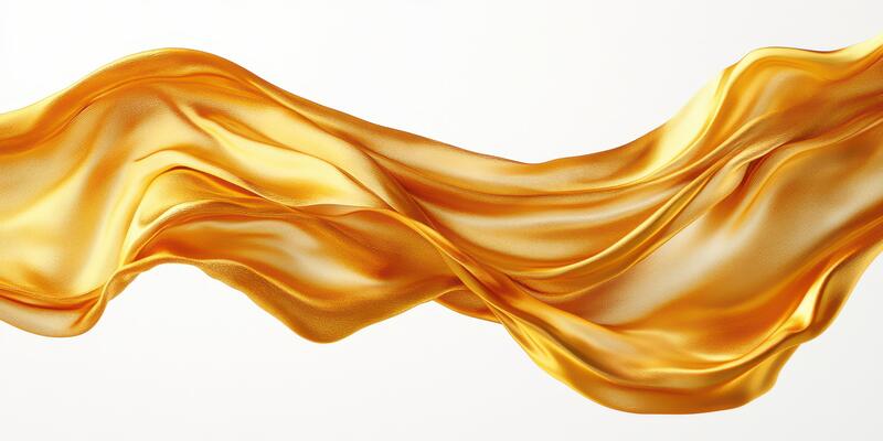 Flowing golden fabric displays elegance and movement in a minimalistic backdrop