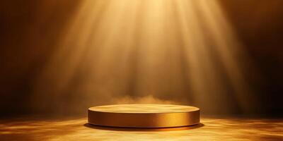 Light shines down on a circular stage in a dimly lit space, creating a focal point for a performance or presentation photo