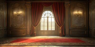 Elegant vintage room with grand window and ornate decor illuminated by natural light in a historic building photo