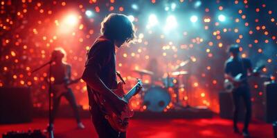 Live music performance with vibrant lights and energetic band on stage during an evening concert photo