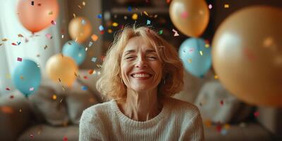 Joyful celebration at home with colorful balloons and confetti in a cozy living room during a festive occasion photo