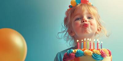 Young child celebrates birthday with cake and balloons while preparing to blow out candles in colorful party setting photo