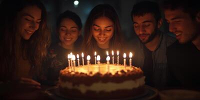 Friends celebrate a birthday with a cake surrounded by glowing candles in a cozy evening gathering photo