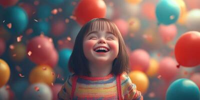 Joyful child laughing among colorful balloons during a festive celebration in a cheerful atmosphere photo