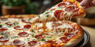Slices of pepperoni pizza being lifted with gooey cheese stretching on a rustic wooden table photo