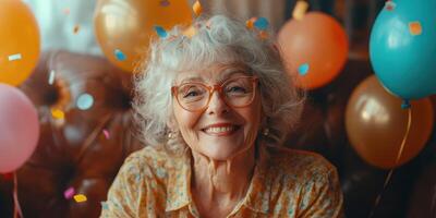 Joyful elderly woman celebrating with colorful balloons and confetti at a cozy indoor gathering photo