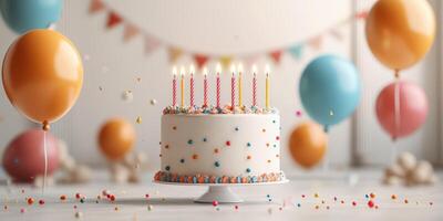 Colorful birthday celebration featuring a decorated cake with candles and balloons at a festive venue photo