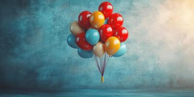 Brightly colored balloons floating against a textured background in a playful display of celebration and joy photo