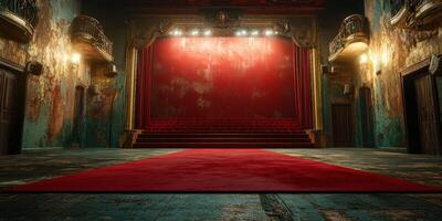 Red carpet leads to an elegant, worn theater stage with rich textures and dramatic lighting in a historic venue photo