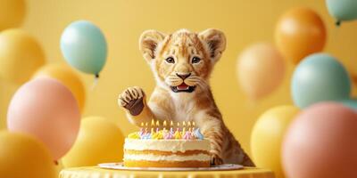 Cute lion cub celebrates birthday with cake and balloons in colorful party setting photo