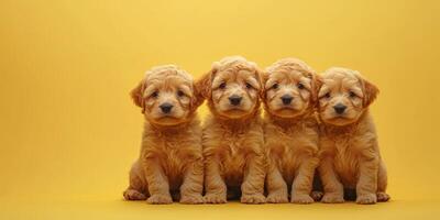 Four adorable puppy siblings pose together against a bright yellow background, showcasing their fluffy coats and playful expressions photo