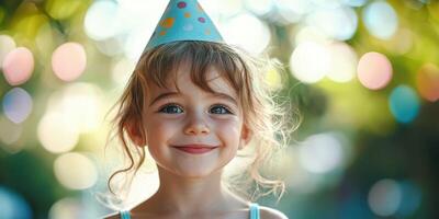 Young girl celebrates birthday with joy outdoors while wearing a colorful party hat and smiling against a vibrant background photo