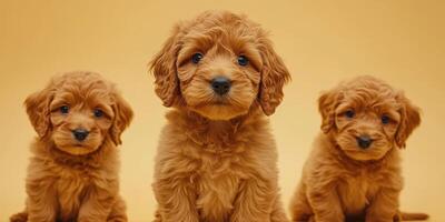 Brown fluffy puppies sitting together against a yellow background displaying playful expressions and soft fur photo